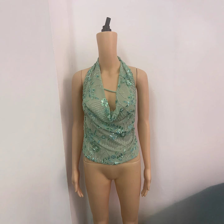 Damen Glitzerndes Spaghetti-Trägeroberteil mit floralen Applikationen und tiefem Ausschnitt Echo Archiv