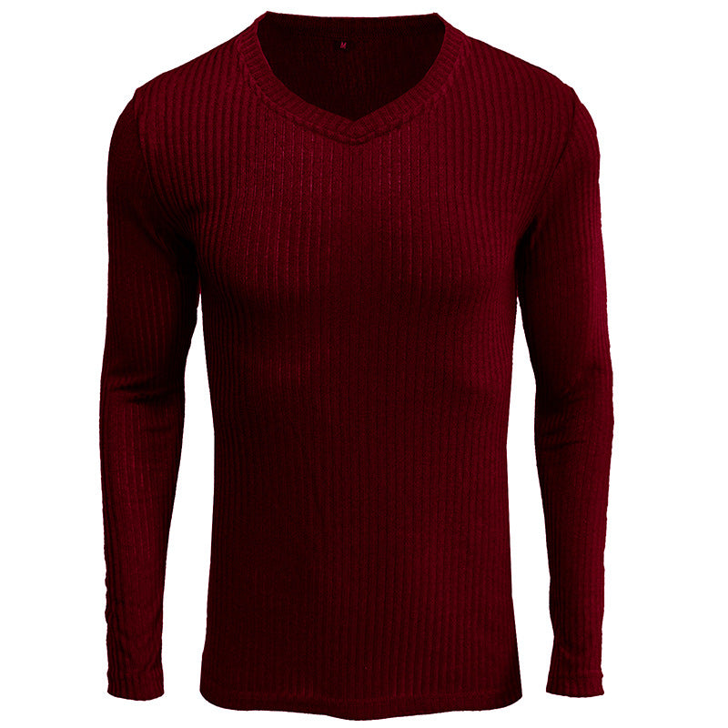 Herren V-Ausschnitt Langarmstrickpullover mit geripptem Design Echoarchiv