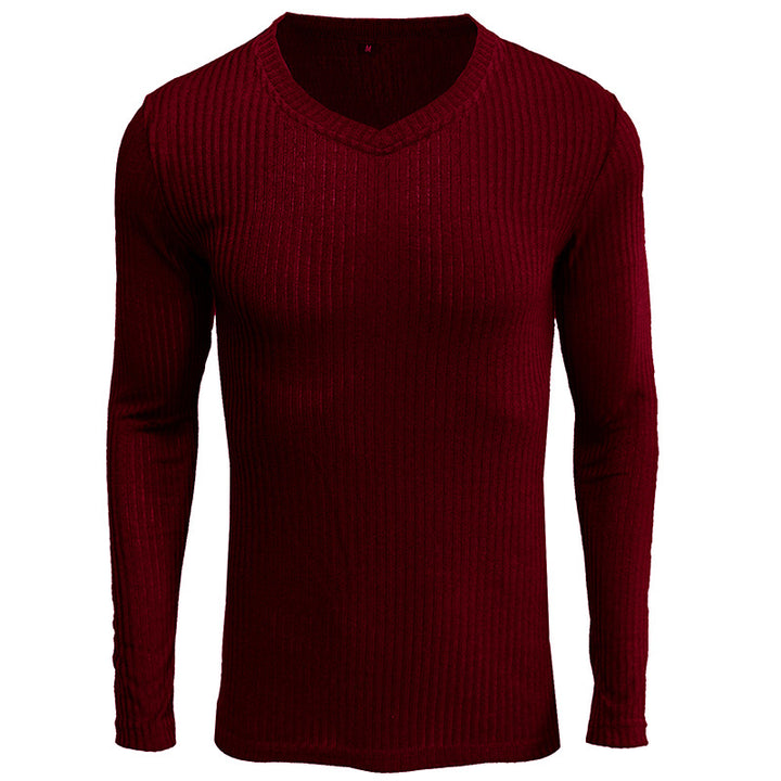 Herren V-Ausschnitt Langarmstrickpullover mit geripptem Design Echoarchiv