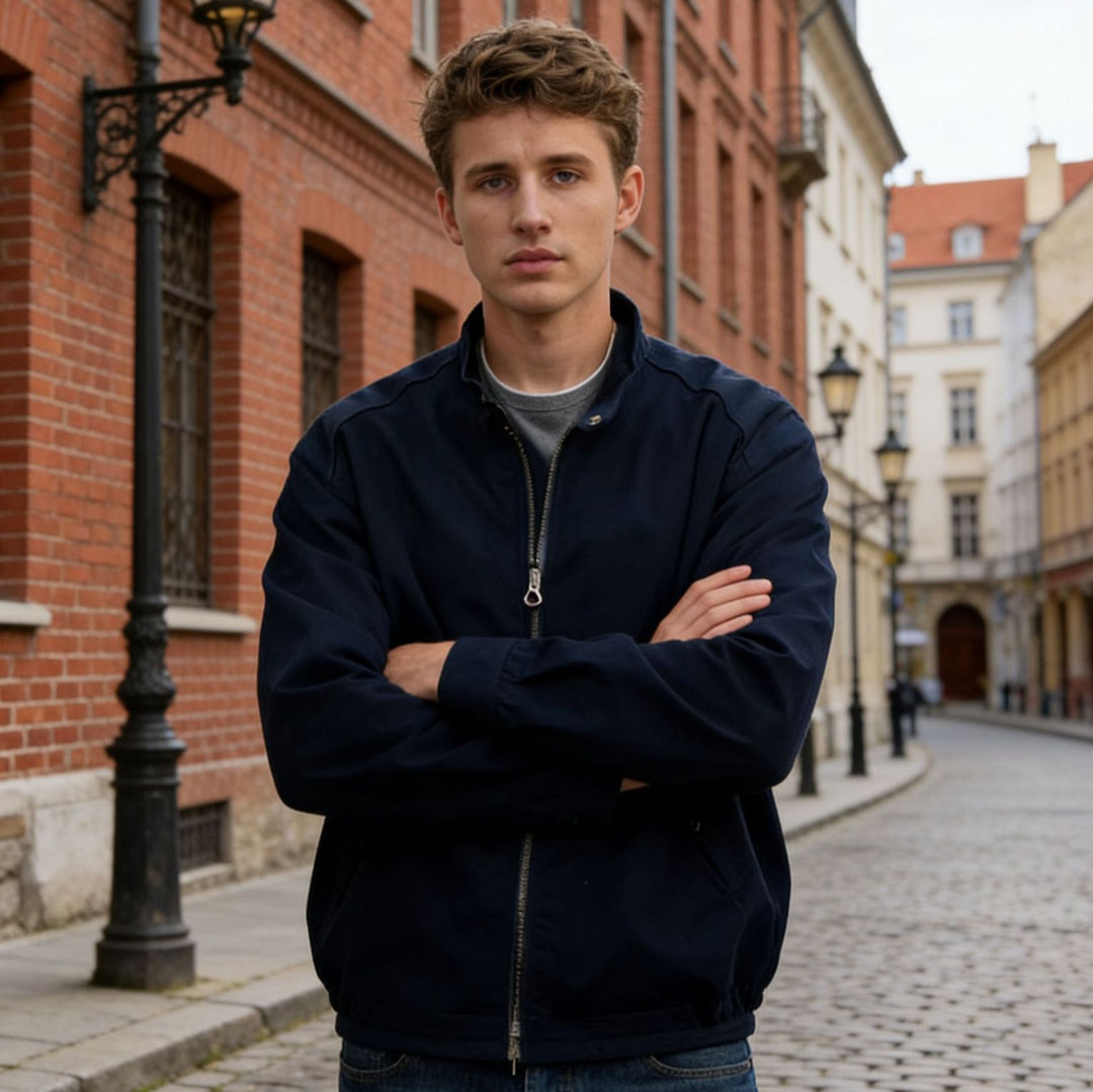 Herren Urbaner Baumwoll-Mix Bomber mit Stehkragen und Zweiwege-Reißverschluss Echoarchiv