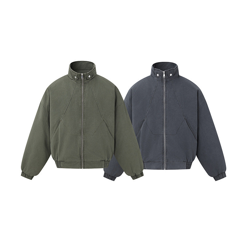 Unisex Boxy-Canvas-Blousonjacke mit hohem Stehkragen, diagonalem Nahtdesign und elastischem Saum Echoarchiv