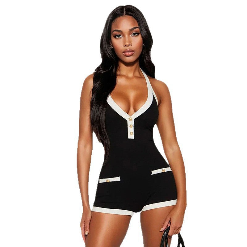 Damen Modischer Overall mit tiefem V-Ausschnitt und Knopfdetails Echo Archiv