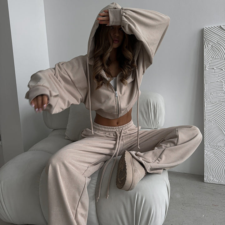 Damen kurzes Kapuzenzipper-Lounge-Set mit oversized Ärmeln und weitem Jogginghose-Schnitt – Auréline