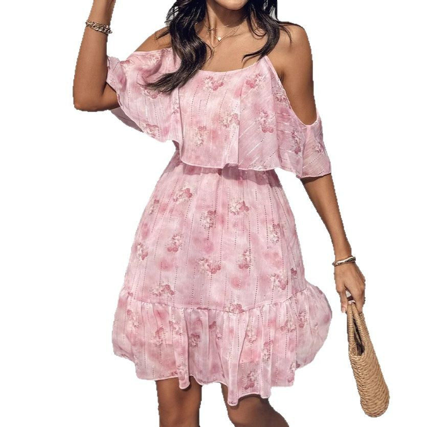 Damen fließendes Sommerkleid mit kaltem Schulterdesign und Rüschendetails Echo Archiv
