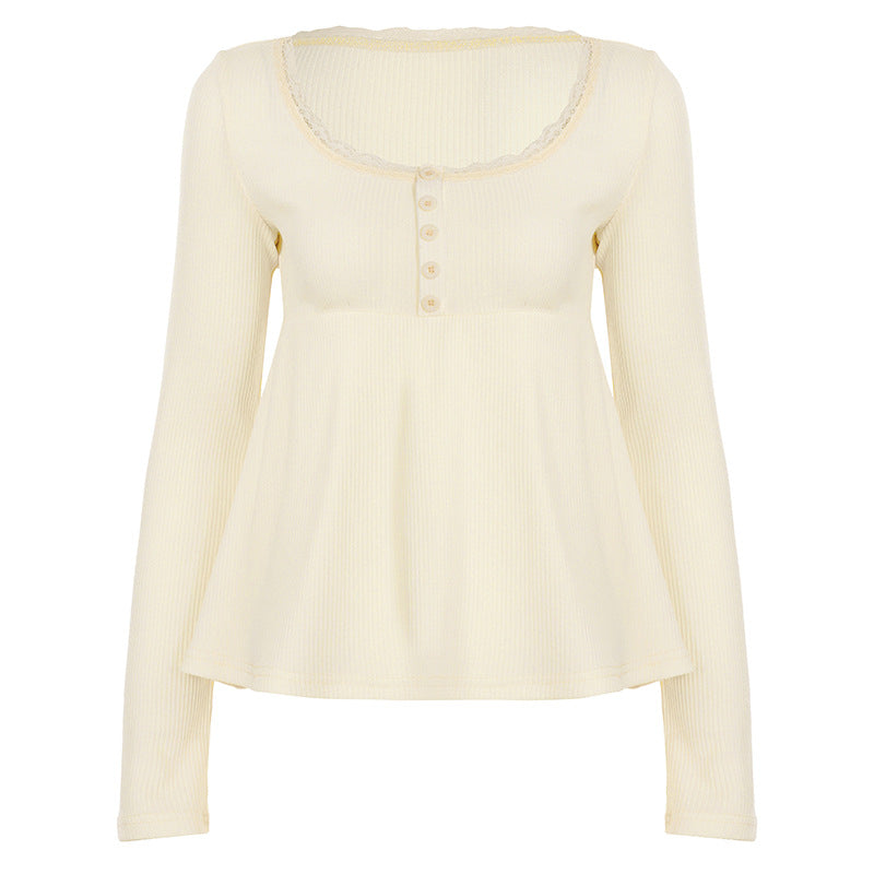 Damen nan geripptes Langarm-Top mit Empire-Taille, zierlicher Knopfleiste und Spitzenbesatz Echo Archiv