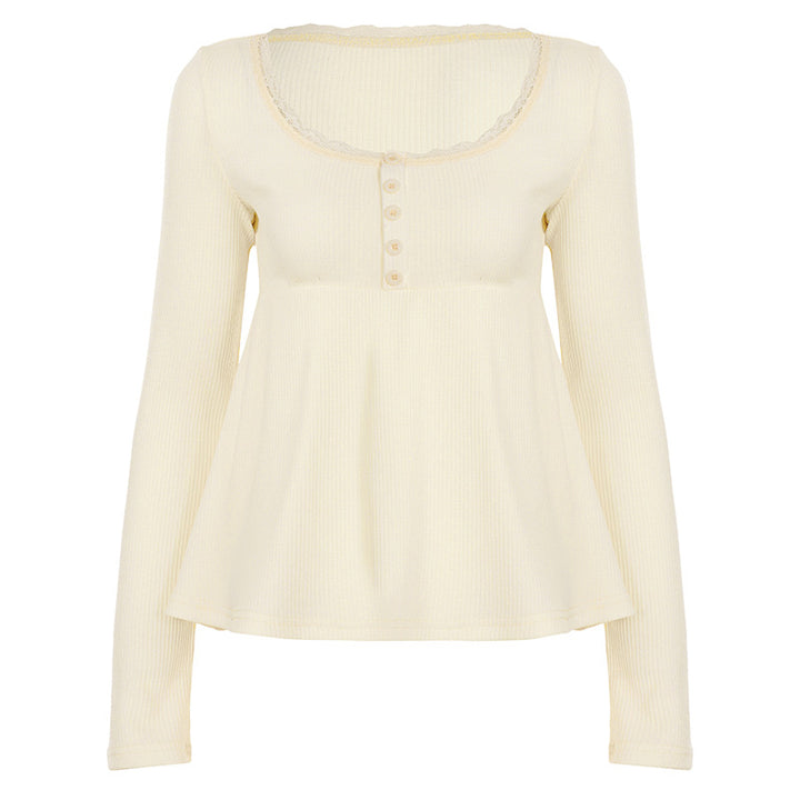 Damen nan geripptes Langarm-Top mit Empire-Taille, zierlicher Knopfleiste und Spitzenbesatz Echo Archiv