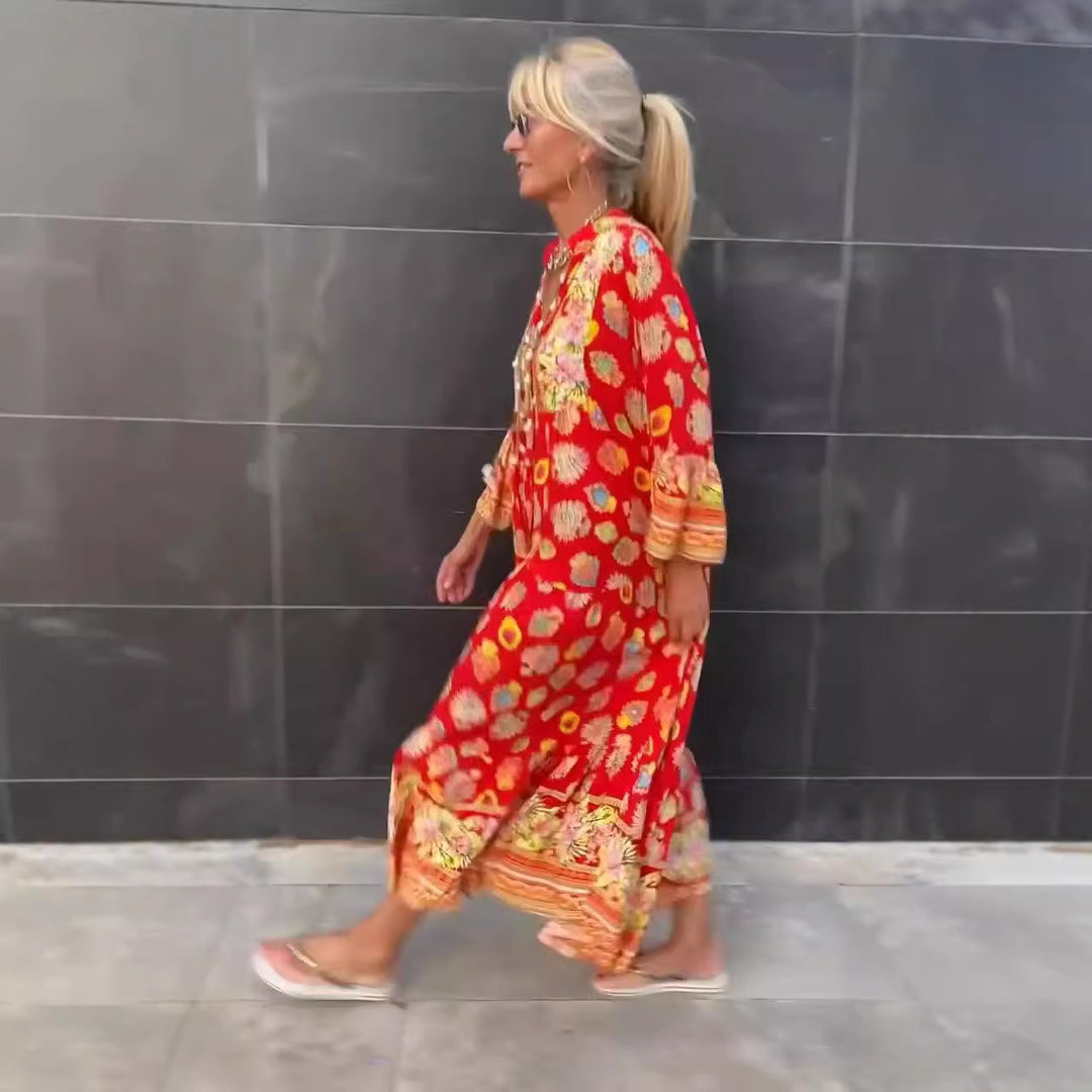 Damen nan luftiges Kaftan‑Midikleid mit folkloreinspiriertem Bordürenprint, V‑Ausschnitt, Quastenbändern und Volantglockenärmeln Echo Archiv