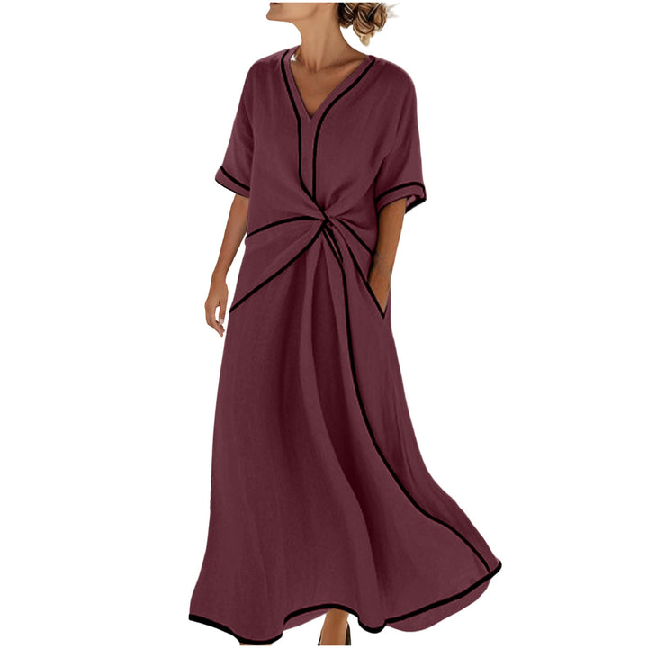 Damen Langes A-Linienkleid mit V‑Ausschnitt, Knoten-Detail und Kontrastpaspel – Élara