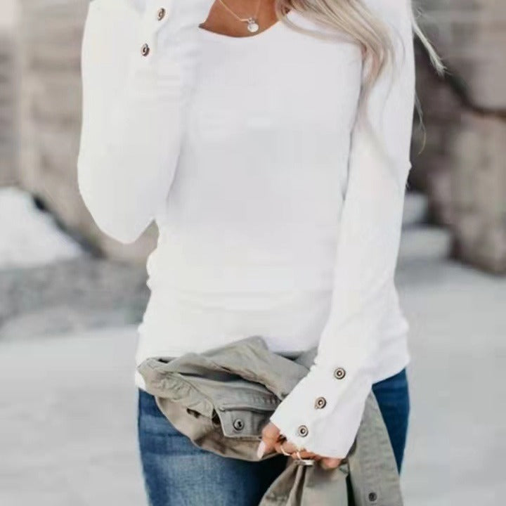 Damen Enganliegendes Langarmshirt mit Zierknöpfen an den Ärmelabschlüssen – Avérine