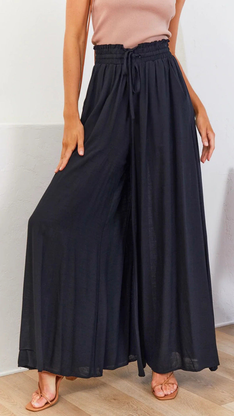 Frauen Hohe Taille Rüschen Elastischer Bund Weite Bein Strand Palazzo Hose mit Zugband und Seitentaschen – Avélisse