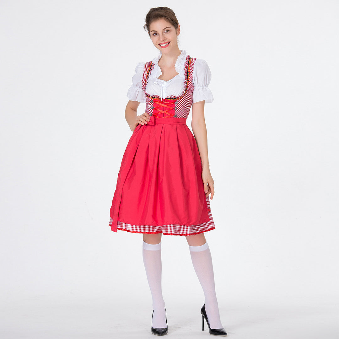 Damen nan karierter Dirndlkleid mit geraffter Schürze und geschnürter Miederfront Echo Archiv