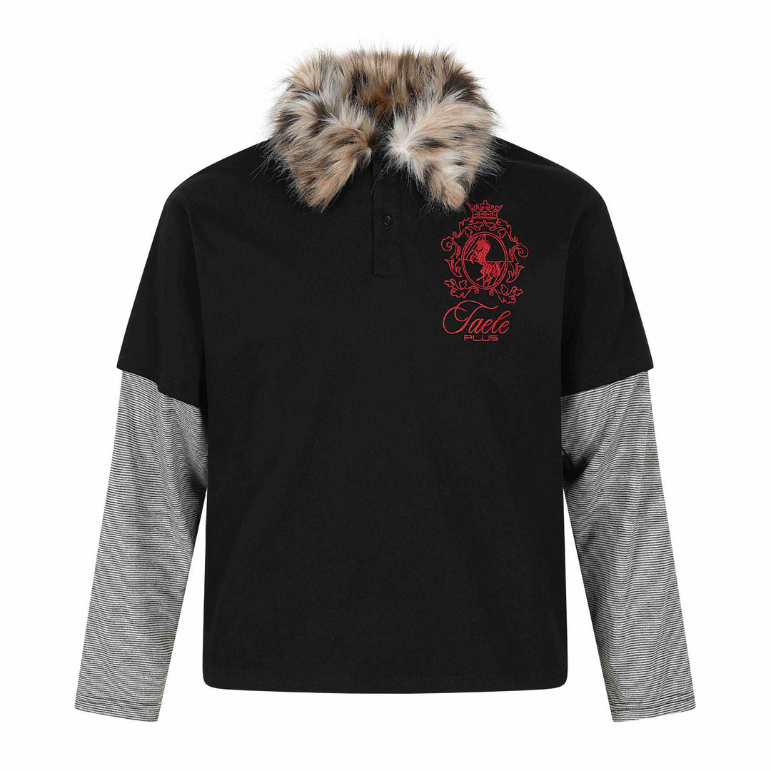 Damen Layered-Optik Langarm-Polo mit Kunstfellkragen und Wappenstickerei Echoarchiv