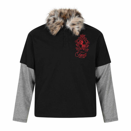 Damen Layered-Optik Langarm-Polo mit Kunstfellkragen und Wappenstickerei Echoarchiv