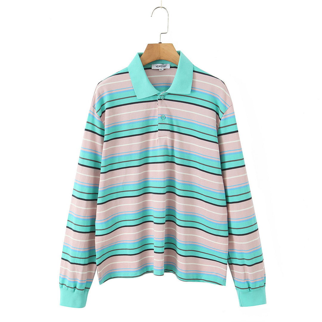 Damen Gestreiftes Poloshirt‑Sweatshirt aus Baumwollmix mit Kontrastkragen und gerippten Bündchen Echoarchiv