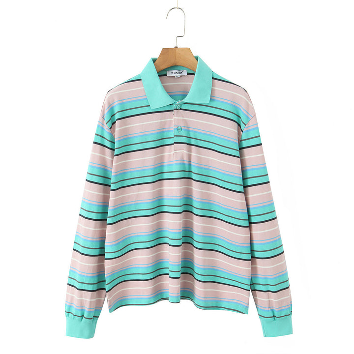 Damen Gestreiftes Poloshirt‑Sweatshirt aus Baumwollmix mit Kontrastkragen und gerippten Bündchen Echoarchiv