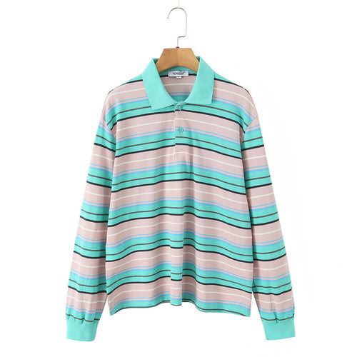 Damen Gestreiftes Poloshirt‑Sweatshirt aus Baumwollmix mit Kontrastkragen und gerippten Bündchen Echoarchiv