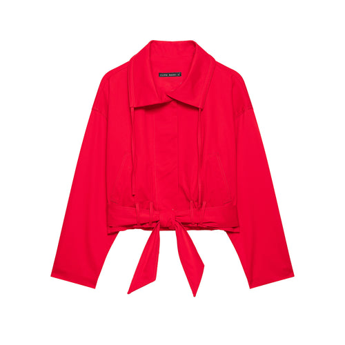 Damen Cropped Übergangsjacke mit Tunnelzugtaillierung, weitem Hemdkragen und Bindegürtel Echoarchiv