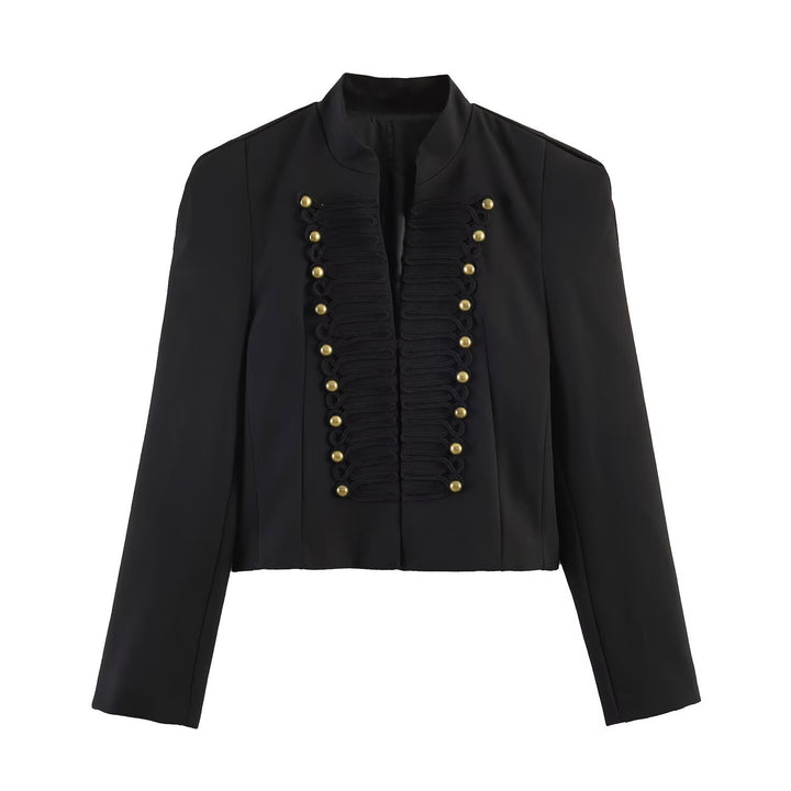 Damen militärinspirierte Cropped-Jacke mit Stehkragen und dekorativer Zierknopfpassé Echo Archiv