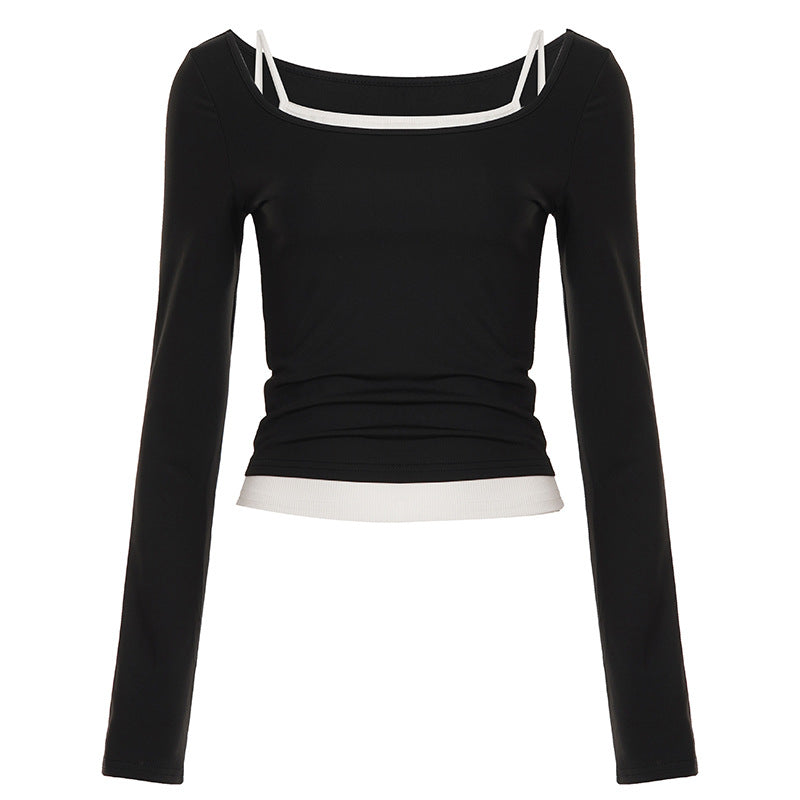 Damen nan tailliertes Longsleeve-Cropped-Top mit eckigem Ausschnitt und doppelten Spaghettiträgern Echo Archiv