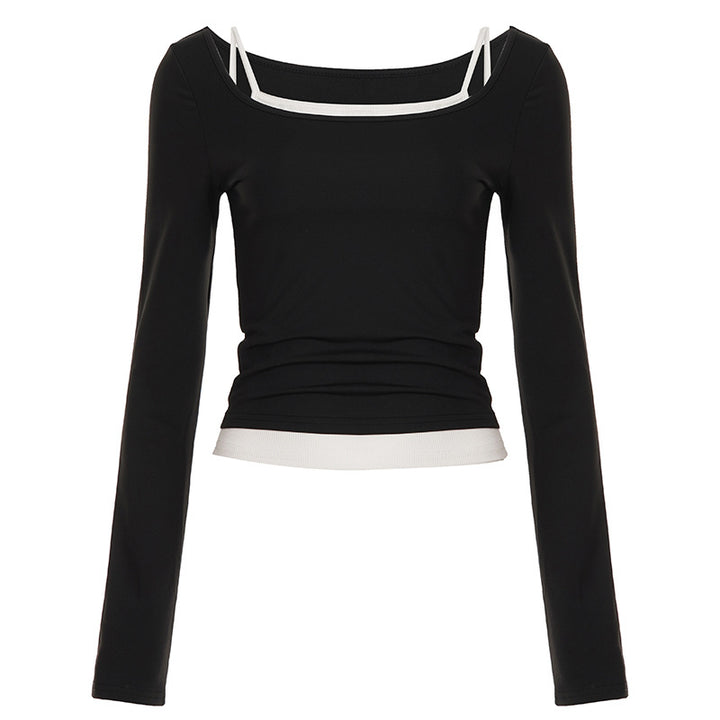 Damen nan tailliertes Longsleeve-Cropped-Top mit eckigem Ausschnitt und doppelten Spaghettiträgern Echo Archiv