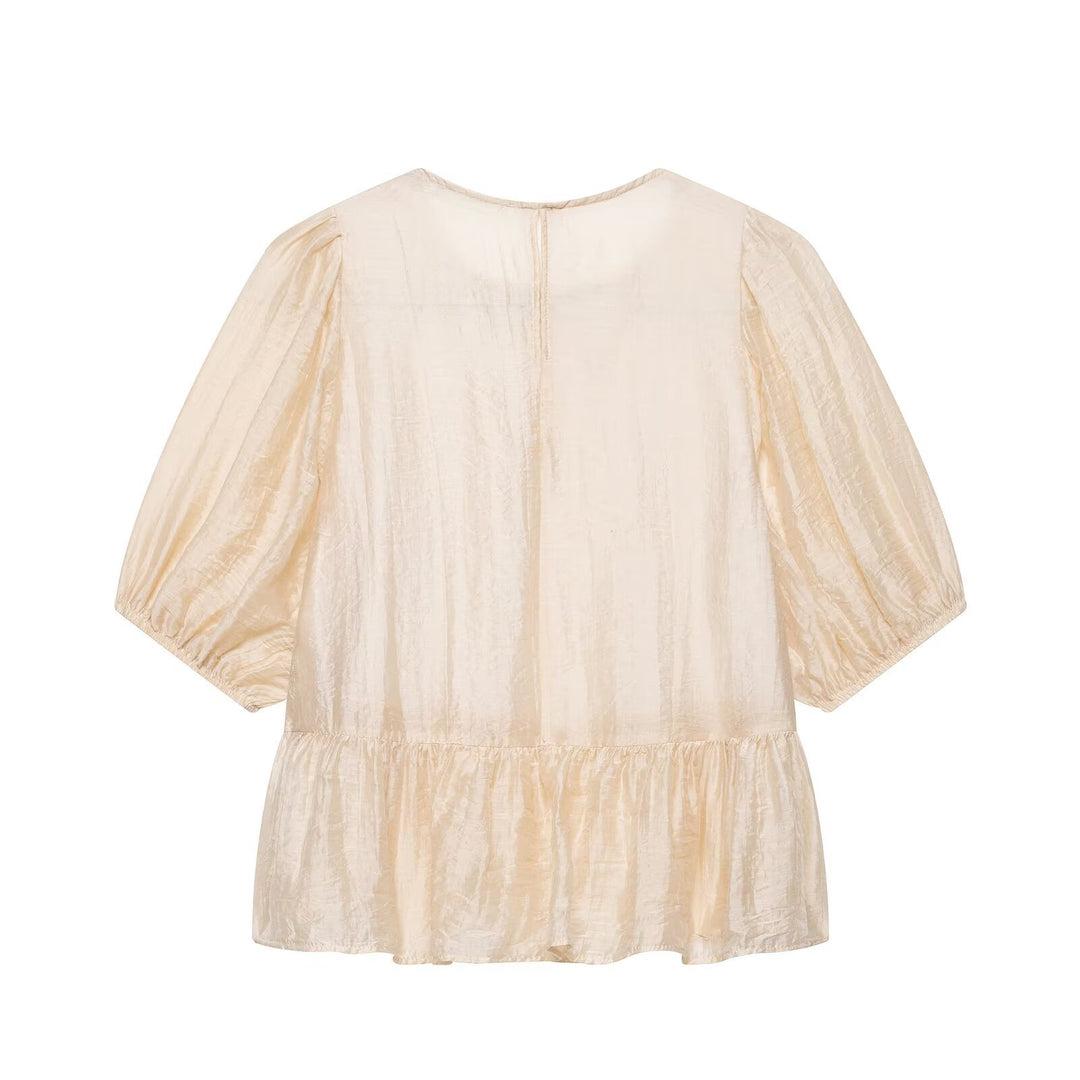 Damen Häkel-Overlay-Bluse mit Volant-Underlayer und Puffärmeln Echo Archiv