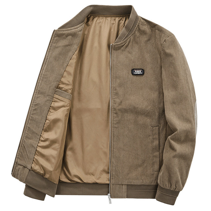 Herren Kord-Blousonjacke im Bomberstil mit elastischem Rippbund, gesteppter Innenfütterung und Logo‑Patch – Brevano
