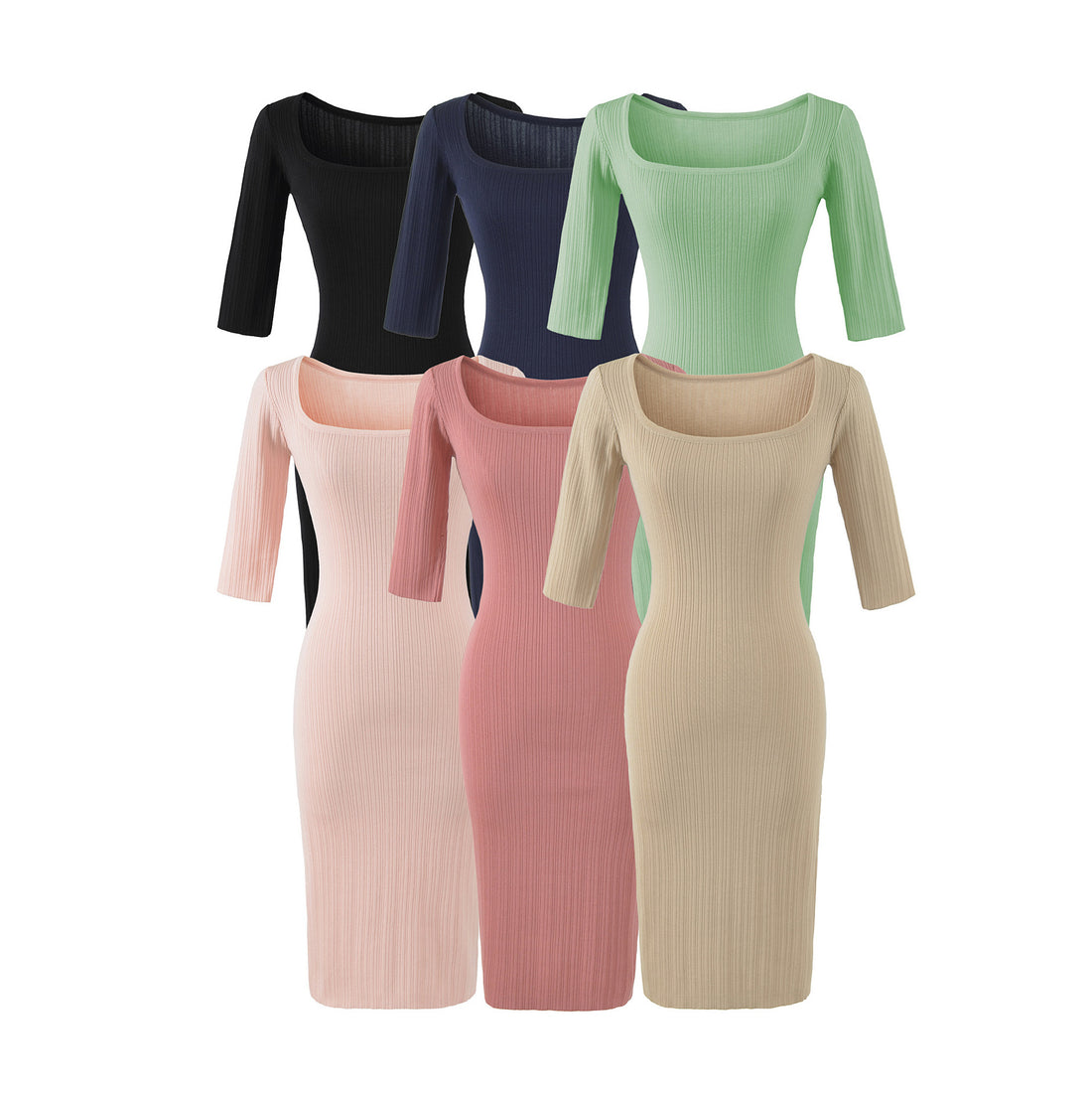 Damen Geripptes Midikleid mit quadratischem Ausschnitt und dreiviertelärmeln Echoarchiv
