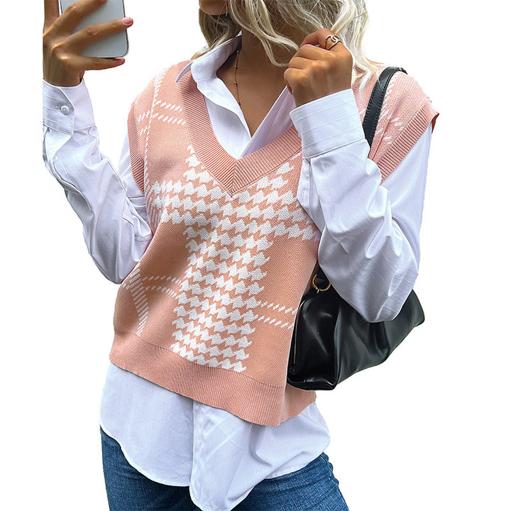 Damen Oversize-Strickweste mit V-Ausschnitt und Hahnentritt-Muster Echoarchiv