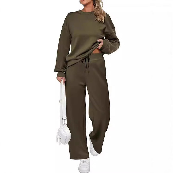 Damen zweiteiliges French-Terry Lounge-Set mit oversized Rundhals-Pullover und weitem Highwaist-Jogger – Avérine