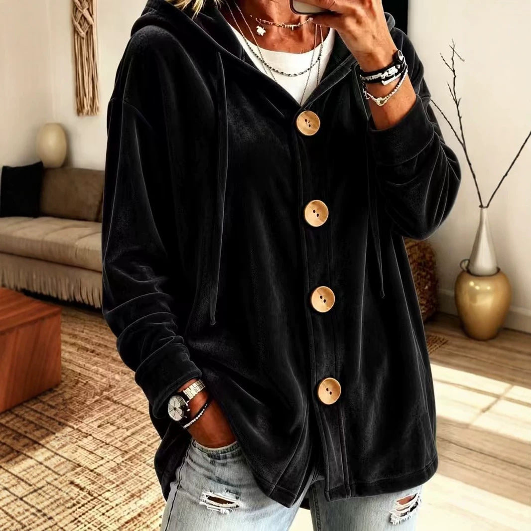 Damen Oversize Kapuzen-Samtjacke mit großen Holzknöpfen und weichem Veloursfutter Echoarchiv