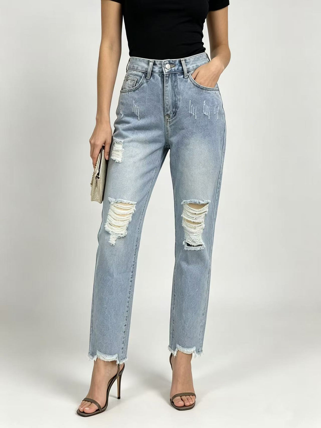 Damen nan hochgeschnittene Straight Leg Jeans mit gezielten Rissdetails und rohem Knöchelabschluss Echo Archiv