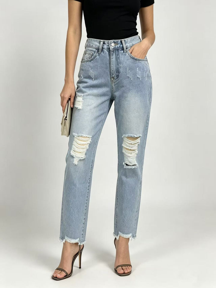 Damen nan hochgeschnittene Straight Leg Jeans mit gezielten Rissdetails und rohem Knöchelabschluss Echo Archiv