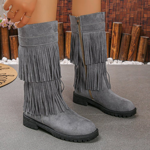 Damen Mid‑Calf Fransenstiefel aus Veloursimitat mit mehrlagigen Fransen und profilierter Gummisohle Echo Archiv