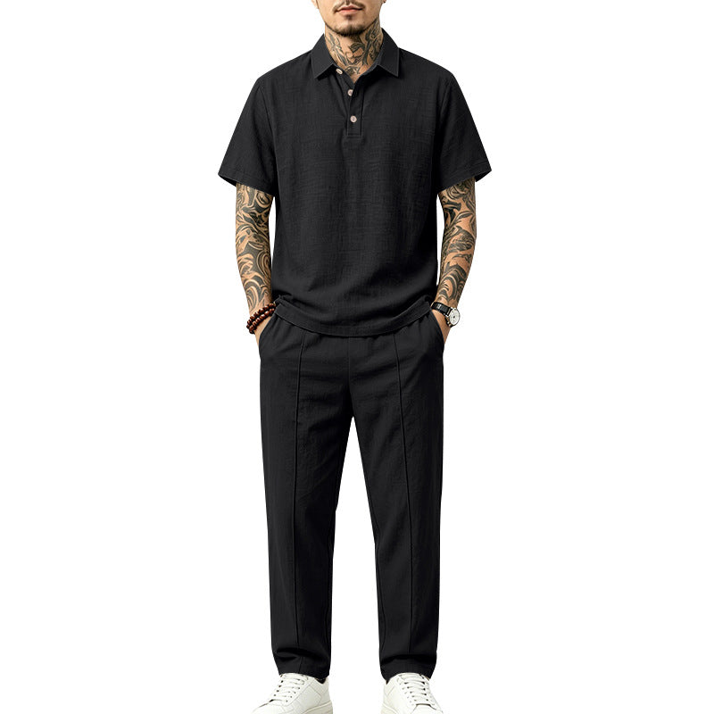 Herren Polo-Lounge-Set aus leichter Leinenmischung mit Kurzarm-Polo und gerader Bundfaltenhose Echoarchiv