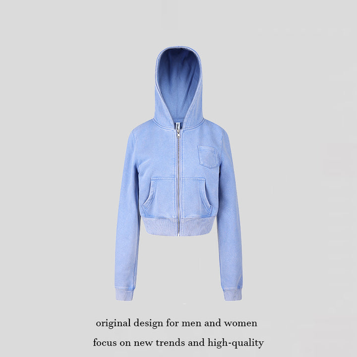 Damen Kurz geschnittene Kapuzen-Sweatjacke mit durchgehendem Reißverschluss im Boxy-Schnitt und Brusttasche Echoarchiv