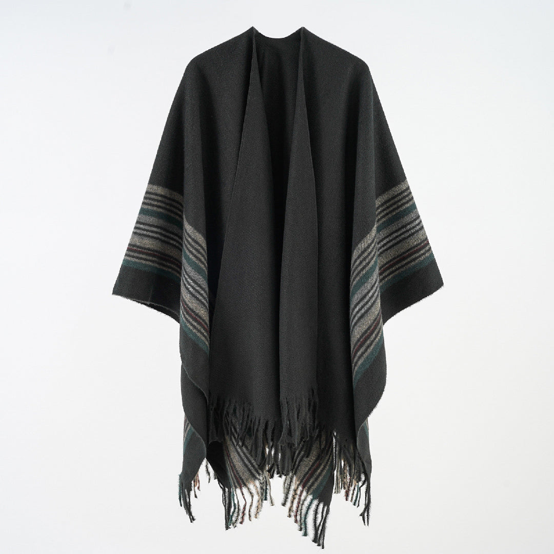 Damen Weichfallender Umlegeponcho mit gestreifter Bordüre und Fransensaum Echo Archiv