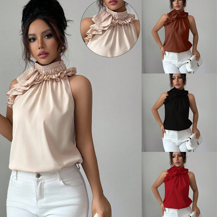 Damen Hochgeschlossenes Chiffon-Top mit Rüschenkragen und asymmetrischem Volant Echo Archiv