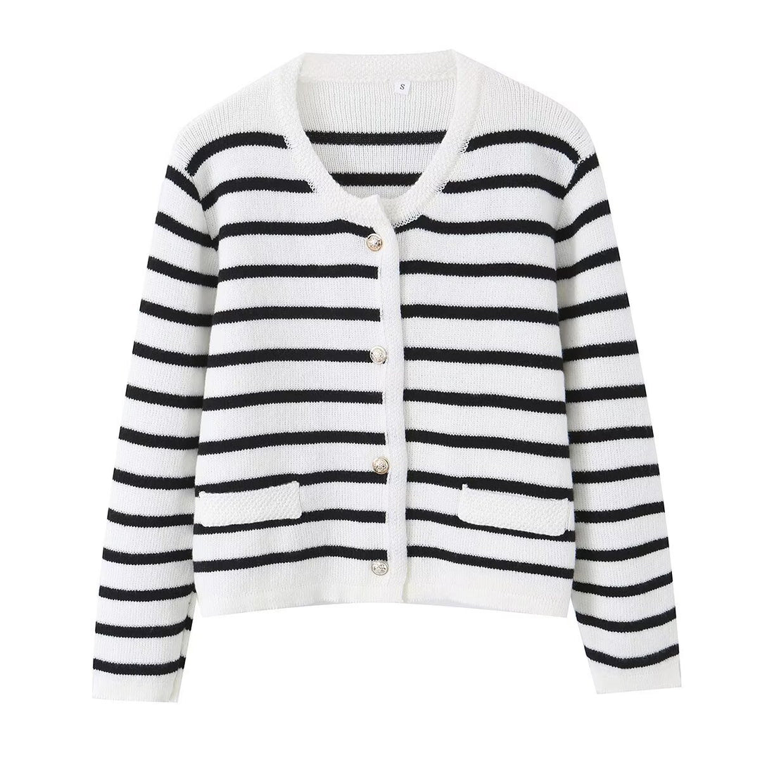 Damen Gestreifte Feinstrick‑Cardigan mit Rundhalsausschnitt, aufgesetzten Taschen und Zierknöpfen Echo Archiv