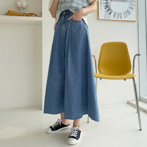 Damen Langer Jeans-Culotte-Rock mit hoher Taille, kastiger A-Linien-Silhouette und Eingrifftaschen – Dénora