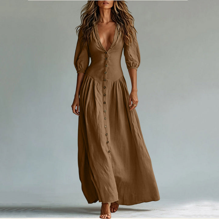 Damen Maxikleid mit tiefem V-Ausschnitt, durchgehender Knopfleiste und Ballonärmeln – Valéora