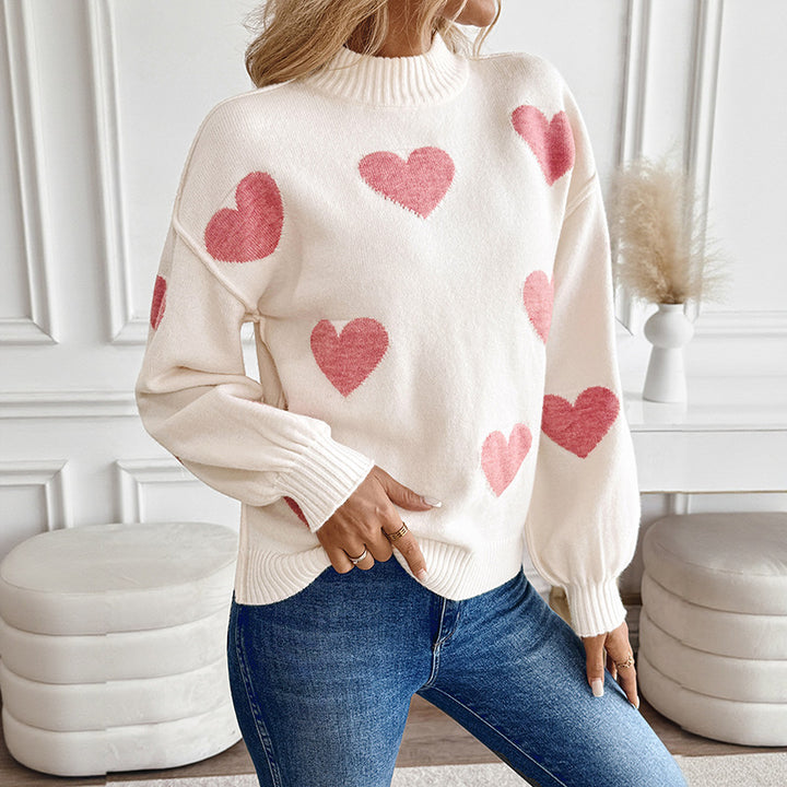 Damen Kuscheliger Strickpullover mit Herzjacquard und Stehkragen Echoarchiv