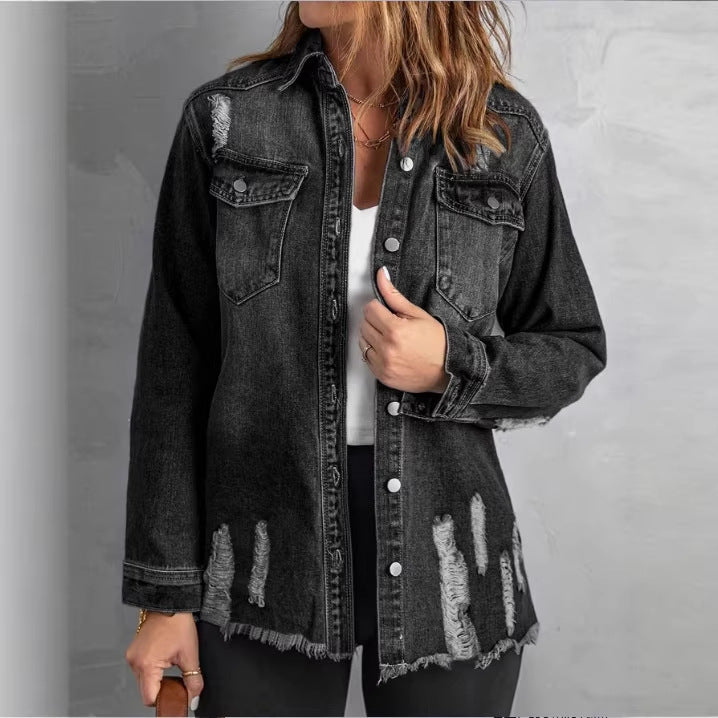 Damen Oversize-Denim-Hemdjacke mit Distressed‑Details und fransigem Saum Echo Archiv