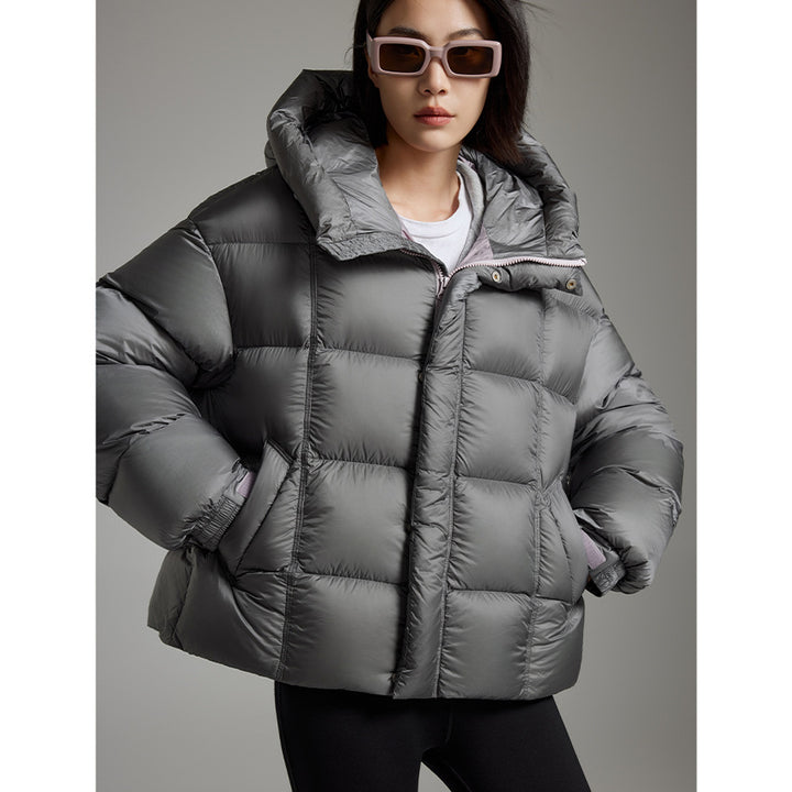 Damen Kurze Boxy‑Steppjacke mit Oversize‑Ärmeln, hohem Thermokragen und Kapuze Echoarchiv