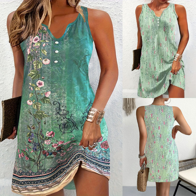 Damen ärmelloses Sommerkleid mit modischem V-Ausschnitt und Knopfdetails Echoarchiv