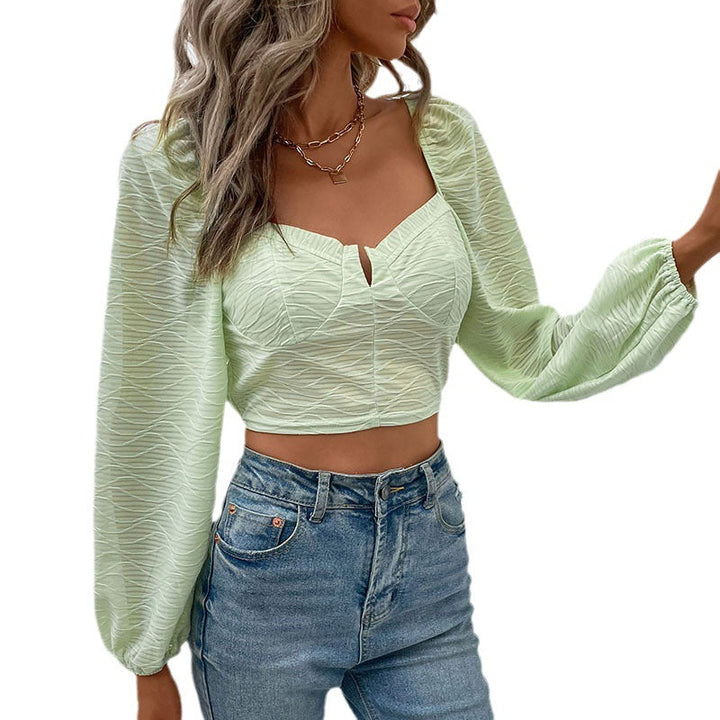 Damen Kurzes Bustier-Cropped-Top mit herzförmigem Ausschnitt, Puffärmeln und strukturierter Chiffonoptik Echoarchiv