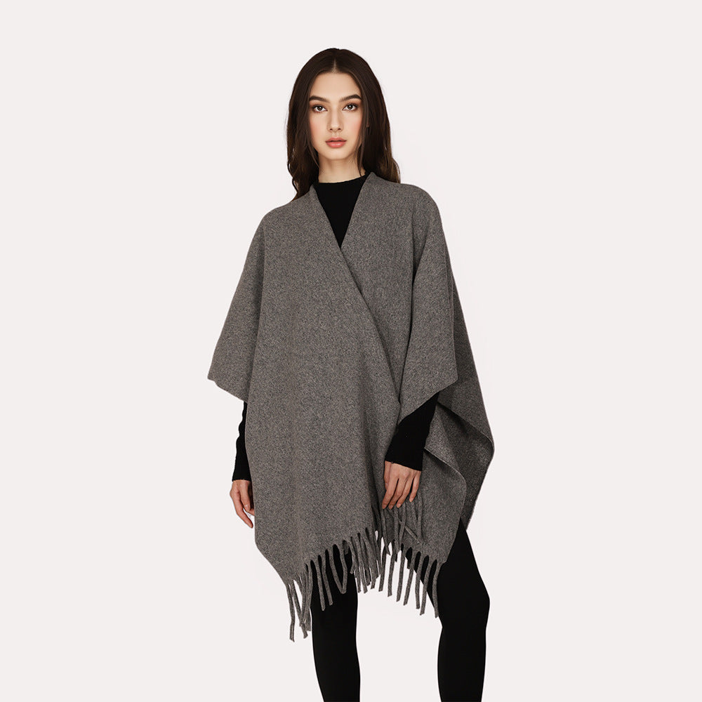 Damen Kaschmir‑Optik Capeponcho mit Fransen und offenem Oversize‑Schnitt Echo Archiv