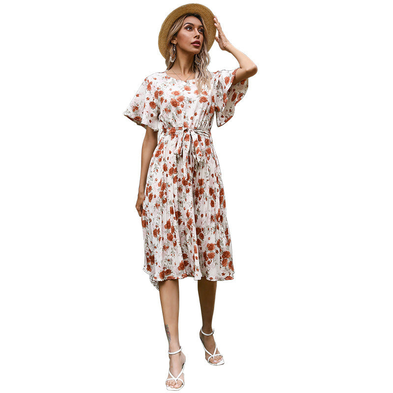Damen Florales Midikleid mit Bindegürtel, Flatterärmeln und A-Linien-Schnitt Echoarchiv