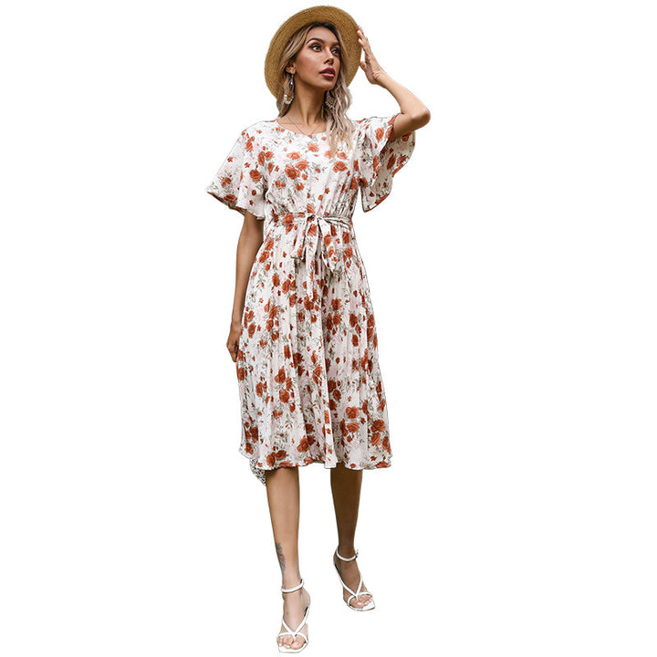 Damen Florales Midikleid mit Bindegürtel, Flatterärmeln und A-Linien-Schnitt Echoarchiv