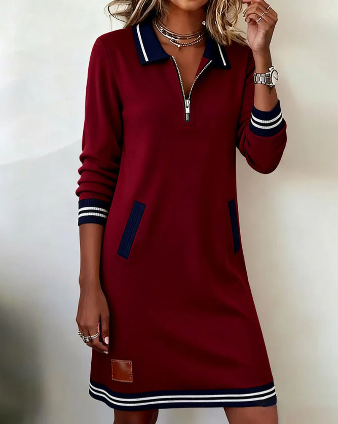Damen nan sportlich-elegantes Sweatkleid mit Polokragen halblangem Reißverschluss elastischen Kontrastbündchen und Eingrifftaschen Echo Archiv