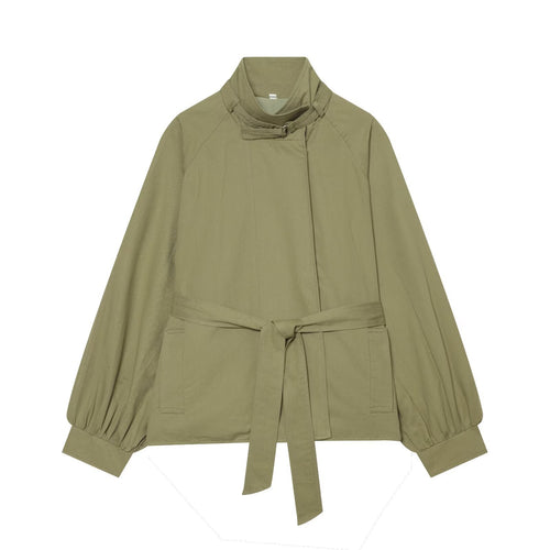 Damen Kurze Cape-Übergangsjacke mit Stehkragen, Taillengürtel und Ballonärmeln Echoarchiv